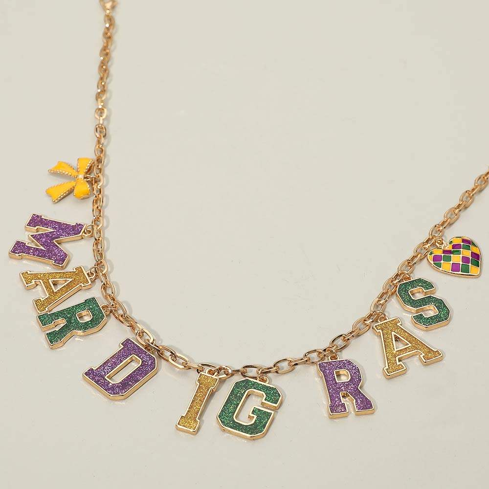 MARDI GRAS Letter Bow Heart Charm Station Necklace - Madeline Love - Flyclothing LLC