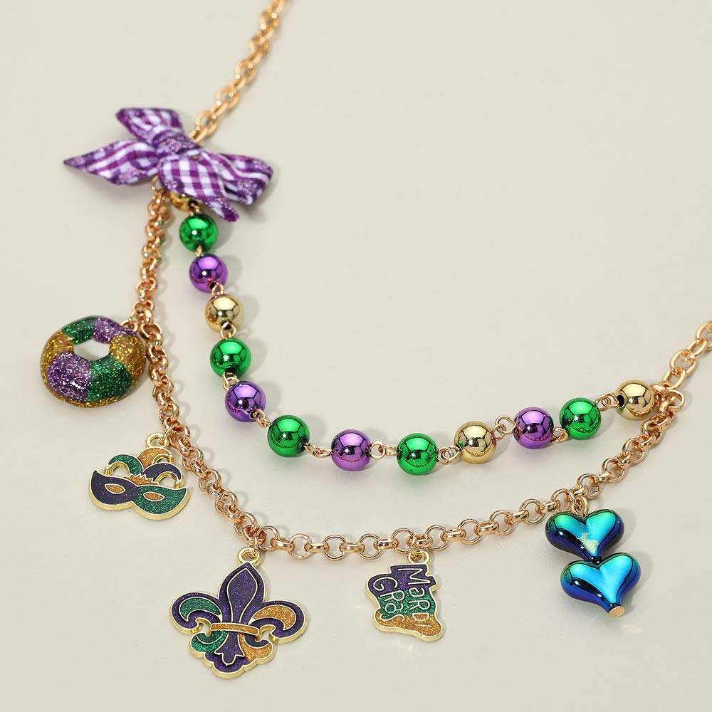 Bow Accent Mardi Gras Charm Station Layered Statement Necklace - Madeline Love - Flyclothing LLC