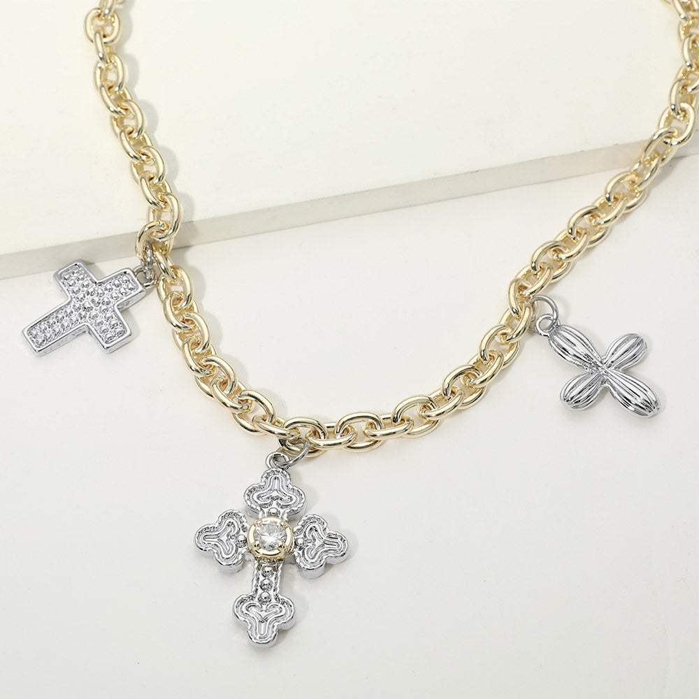 14K Gold Plated Two Tone CZ Pave Cross Charm Station Necklace - Madeline Love - Flyclothing LLC