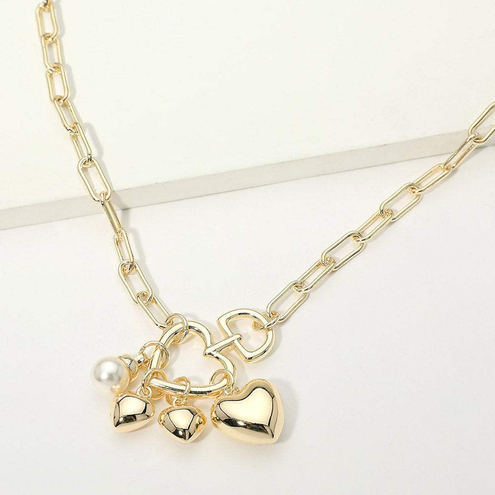14K Gold Plated Heart Ring Pearl Charm Pendant Paperclip Chain Necklace - Madeline Love - Flyclothing LLC