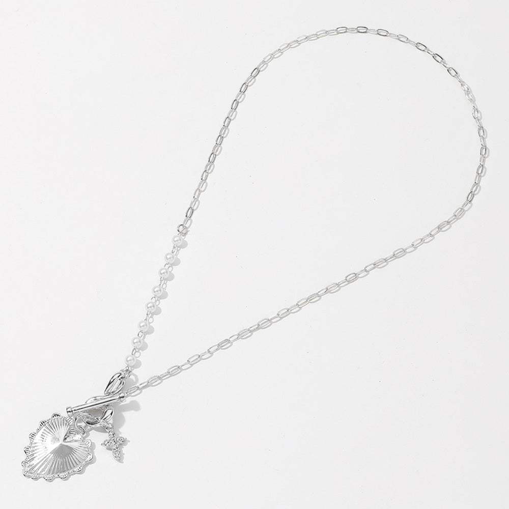 SECRET BOX_Sterling Silver Dipped Heart Stone Paved Cross Charm Half Pearl Chain Toggle Necklace - Madeline Love - Flyclothing LLC