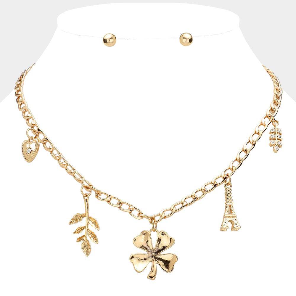 Heart Leaf Clover Eiffel Tower Pendant Station Necklace - Madeline Love - Flyclothing LLC