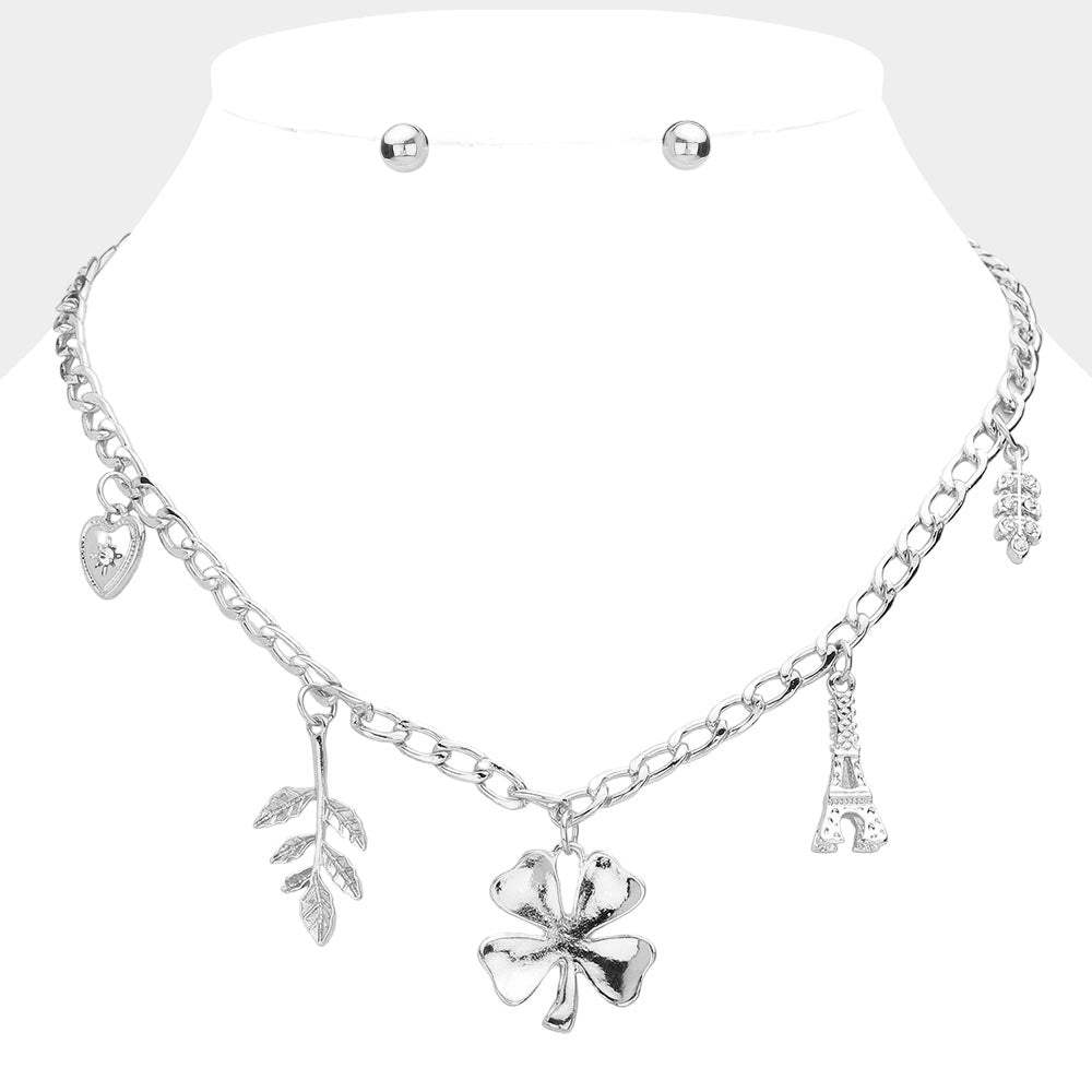 Heart Leaf Clover Eiffel Tower Pendant Station Necklace - Madeline Love - Flyclothing LLC