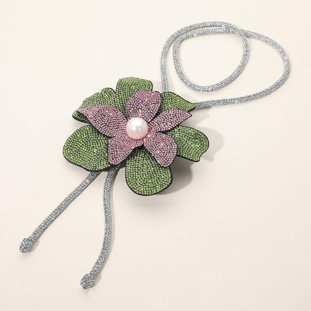 Pearl Centered Bling Studded Flower Pointed Bolo Tie Necklace - Madeline Love - Flyclothing LLC