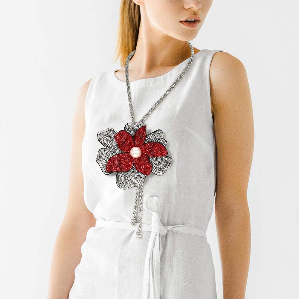 Pearl Centered Bling Studded Flower Pointed Bolo Tie Necklace - Madeline Love - Flyclothing LLC