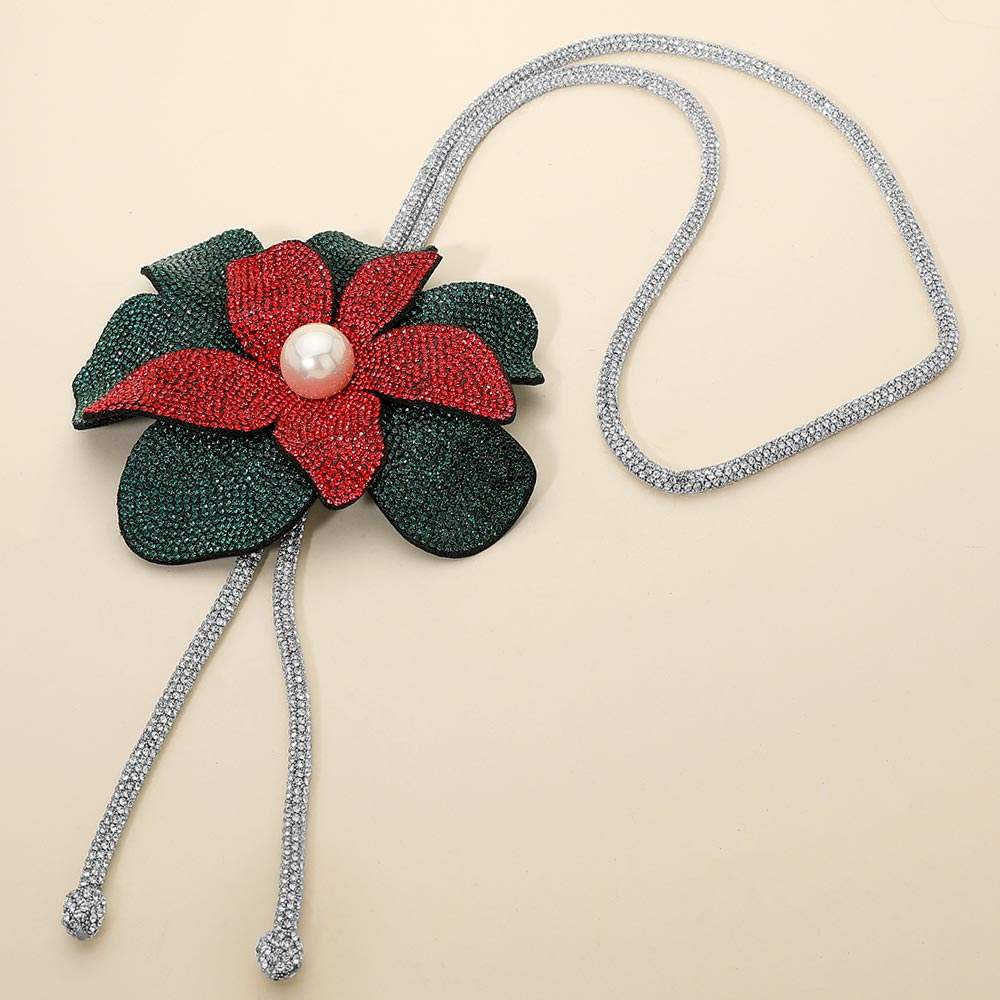 Pearl Centered Bling Studded Flower Pointed Bolo Tie Necklace - Madeline Love - Flyclothing LLC