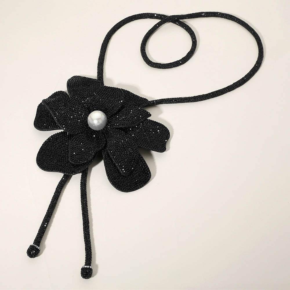 Pearl Centered Bling Studded Flower Pointed Bolo Tie Necklace - Madeline Love - Flyclothing LLC
