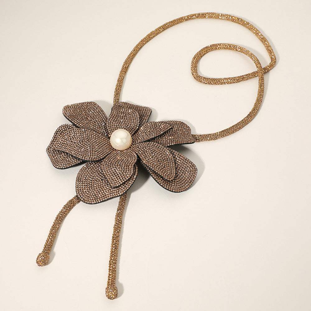 Pearl Centered Bling Studded Flower Pointed Bolo Tie Necklace - Madeline Love - Flyclothing LLC