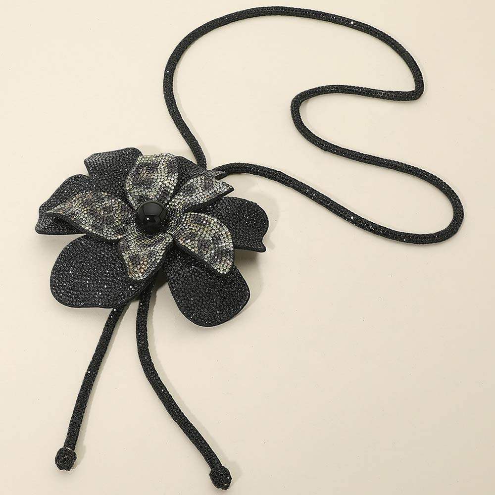 Pearl Centered Bling Studded Flower Pointed Bolo Tie Necklace - Madeline Love - Flyclothing LLC
