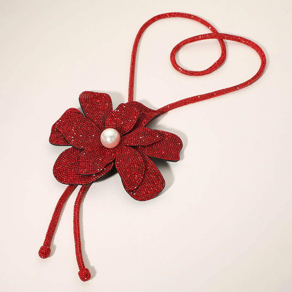 Pearl Centered Bling Studded Flower Pointed Bolo Tie Necklace - Madeline Love - Flyclothing LLC