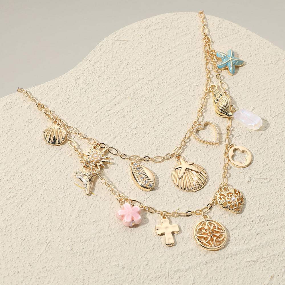 Sea Shell Puka Shell Cross Quatrefoil Stone Pearl Heart Ceramic Flower Charm Station Double Layered Necklace - Madeline Love - Flyclothing LLC