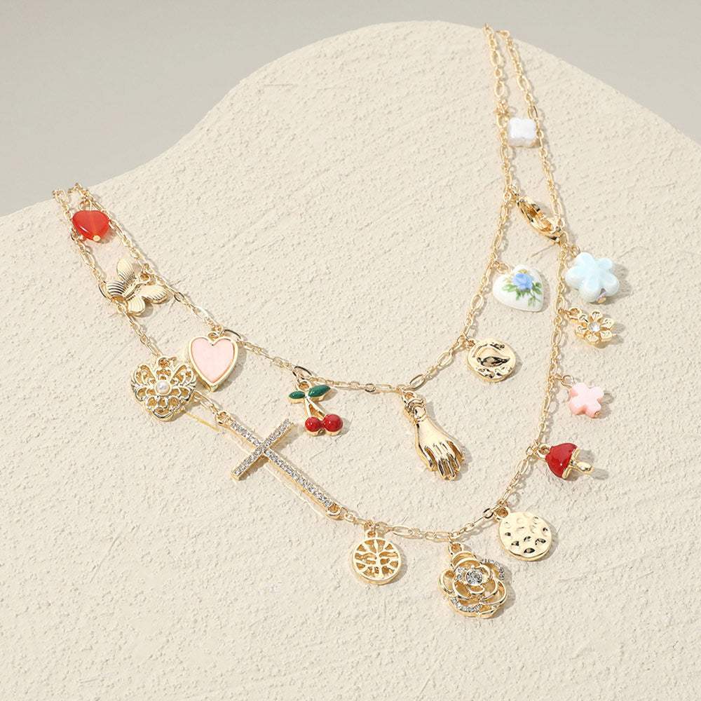 Stone Paved Cross Enamel Cherry Heart Mushroom Metal Butterfly Ceramic Flower Charm Station Double Layered Necklace - Madeline Love - Flyclothing LLC