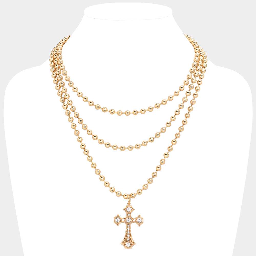 SECRET BOX_Stone Pointed Cross Pendant Bubble Chain Triple Layered Necklace - Madeline Love - Flyclothing LLC