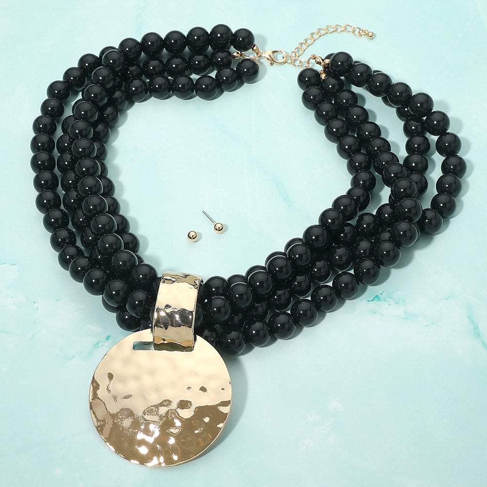 Bold Hammered Disc Plate Pendant Accent Multi Strand Beaded Statement Necklace - Madeline Love - Flyclothing LLC
