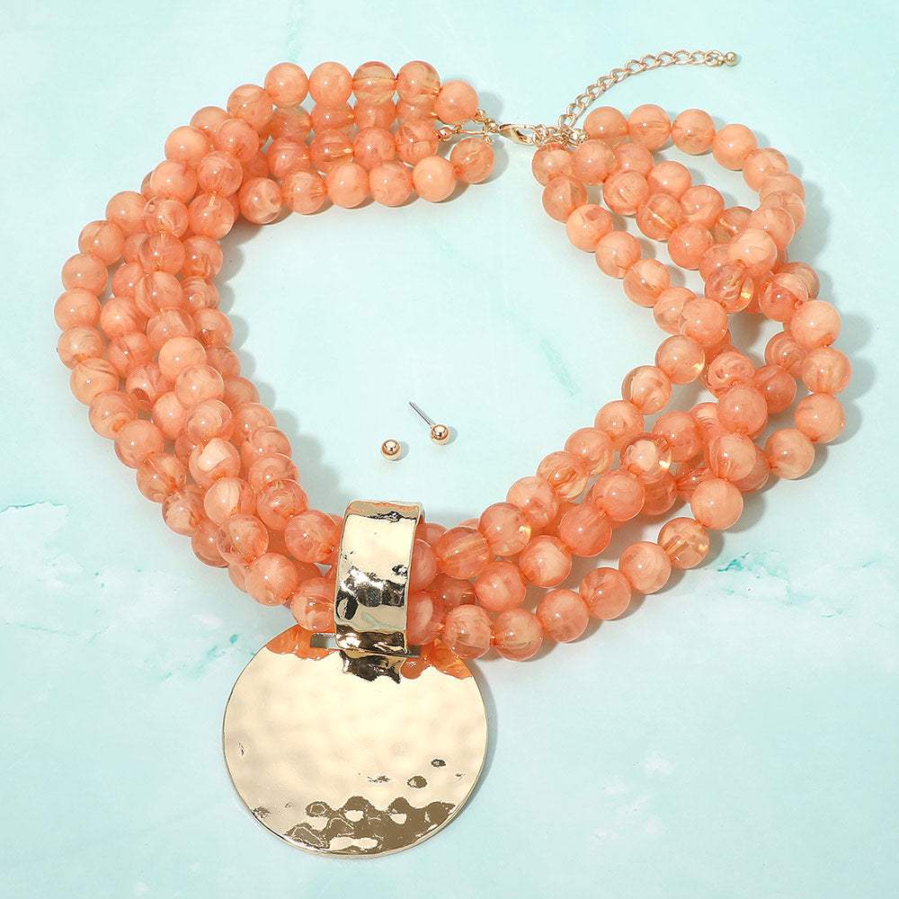 Bold Hammered Disc Plate Pendant Accent Multi Strand Beaded Statement Necklace - Madeline Love - Flyclothing LLC