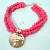 Bold Hammered Disc Plate Pendant Accent Multi Strand Beaded Statement Necklace - Madeline Love - Flyclothing LLC