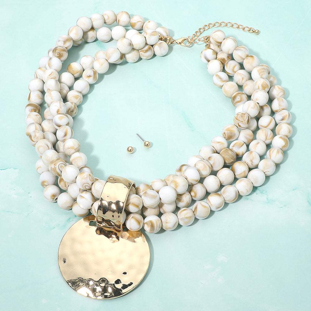 Bold Hammered Disc Plate Pendant Accent Multi Strand Beaded Statement Necklace - Madeline Love - Flyclothing LLC