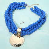 Bold Hammered Disc Plate Pendant Accent Multi Strand Beaded Statement Necklace - Madeline Love - Flyclothing LLC