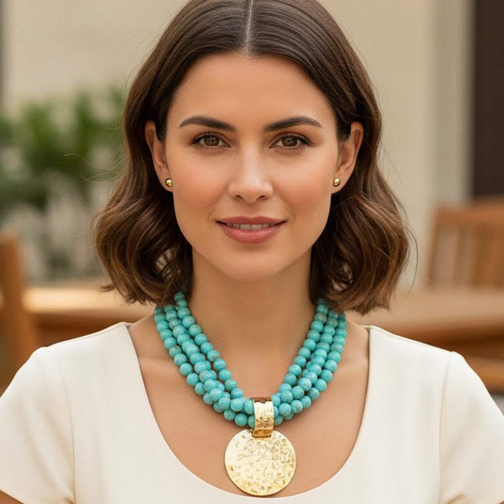 Bold Hammered Disc Plate Pendant Accent Multi Strand Beaded Statement Necklace - Madeline Love - Flyclothing LLC