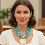 Bold Hammered Disc Plate Pendant Accent Multi Strand Beaded Statement Necklace - Madeline Love - Flyclothing LLC