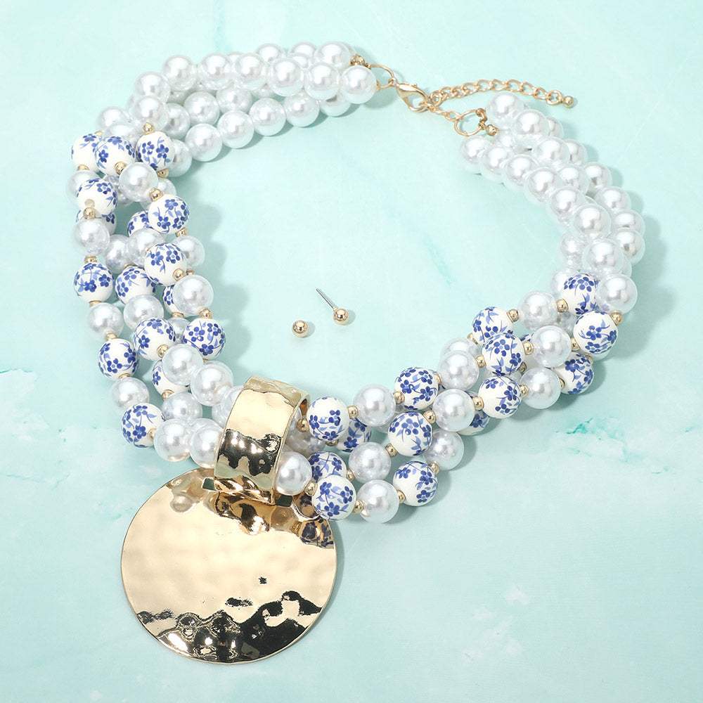 Bold Hammered Disc Plate Pendant Accent Multi Strand Pearl Floral Ceramic Ball Beaded Statement Necklace - Madeline Love - Flyclothing LLC