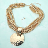 Bold Hammered Disc Plate Pendant Accent Multi Strand Beaded Statement Necklace - Madeline Love - Flyclothing LLC