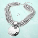 Bold Hammered Disc Plate Pendant Accent Multi Strand Beaded Statement Necklace - Madeline Love - Flyclothing LLC