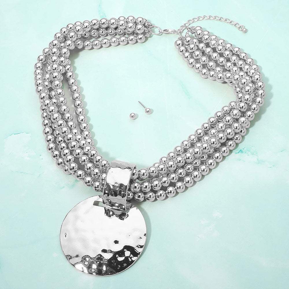 Bold Hammered Disc Plate Pendant Accent Multi Strand Beaded Statement Necklace - Madeline Love - Flyclothing LLC