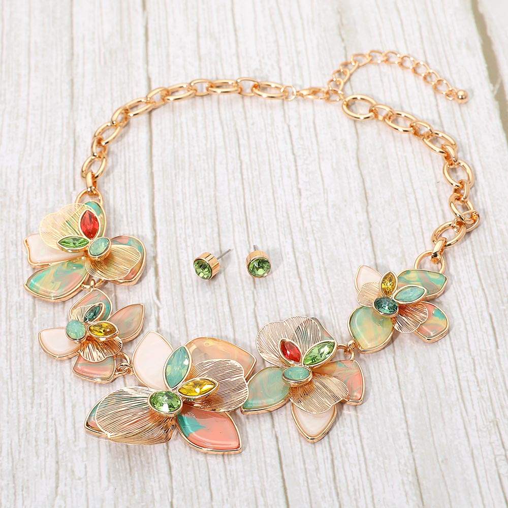 Stone Accent Resin Metal Cutout Floral Link Statement Necklace - Madeline Love - Flyclothing LLC