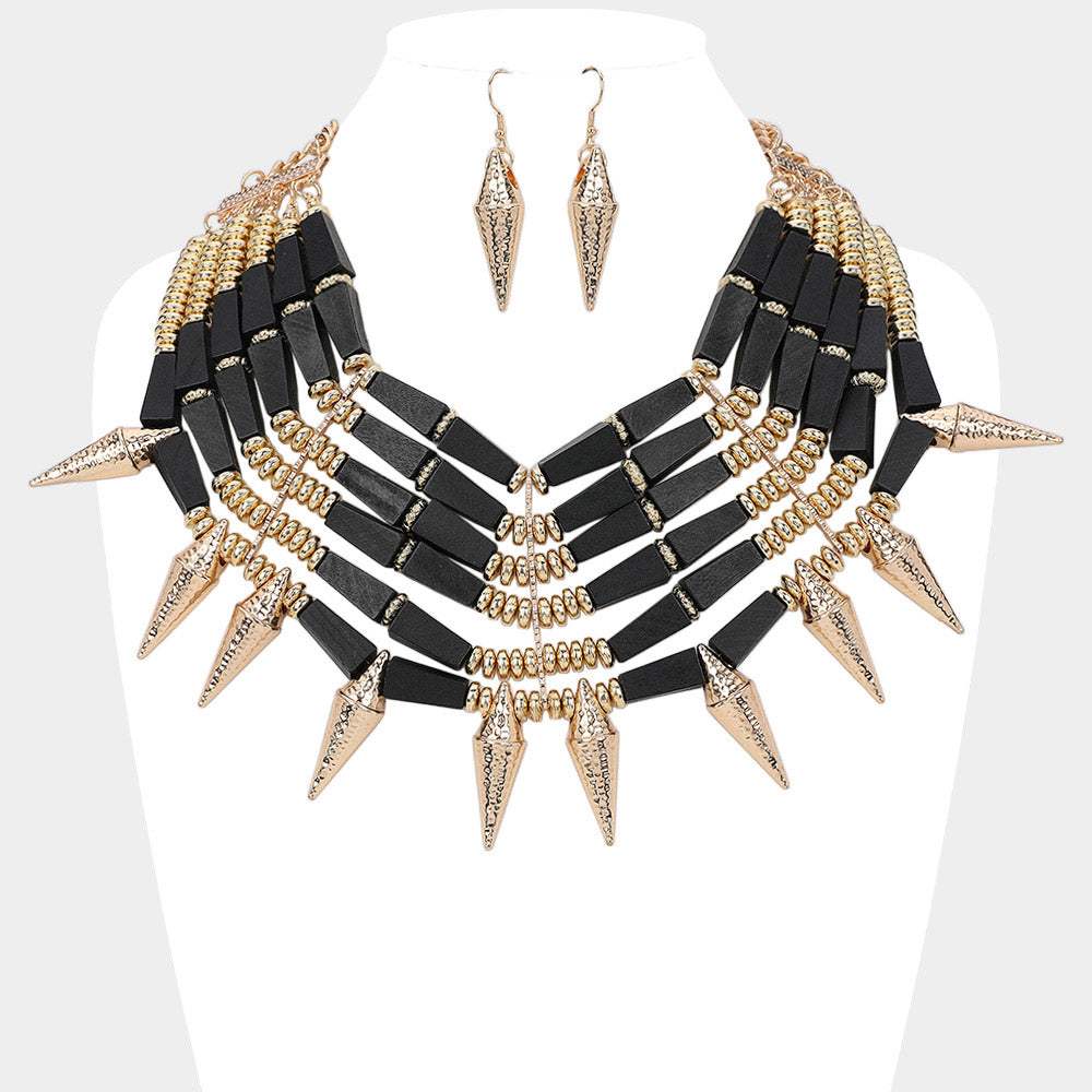 Wooden Metal Bat Beaded Spike Statement Necklace - Madeline Love - Flyclothing LLC