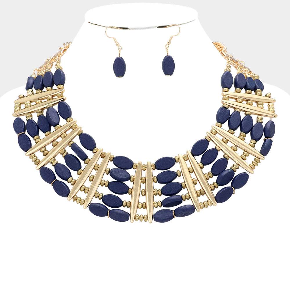 Oval Wood Beaded Statement Necklace - Madeline Love - Flyclothing LLC