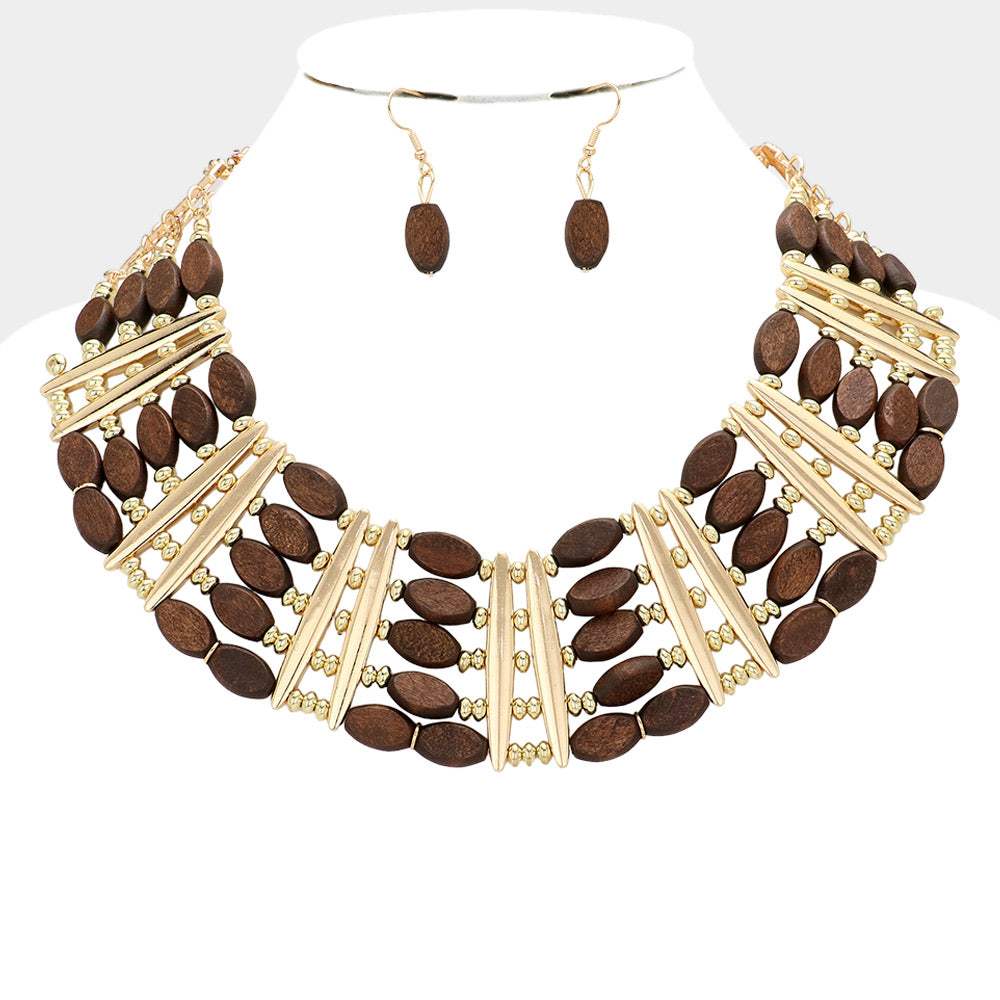 Oval Wood Beaded Statement Necklace - Madeline Love - Flyclothing LLC