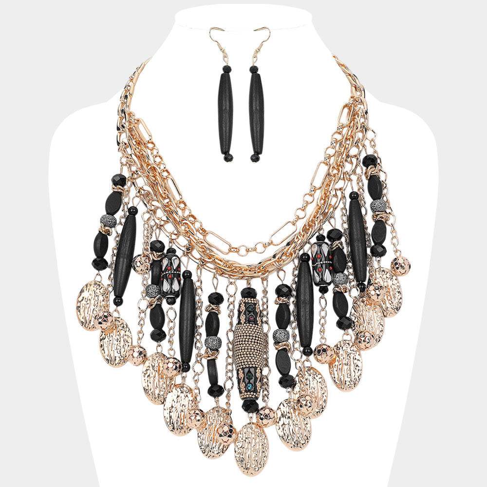 Wooden Stone Embellished Cylinder Textured Metal Oval Tip Station Collar Statement Necklace - Madeline Love - Flyclothing LLC