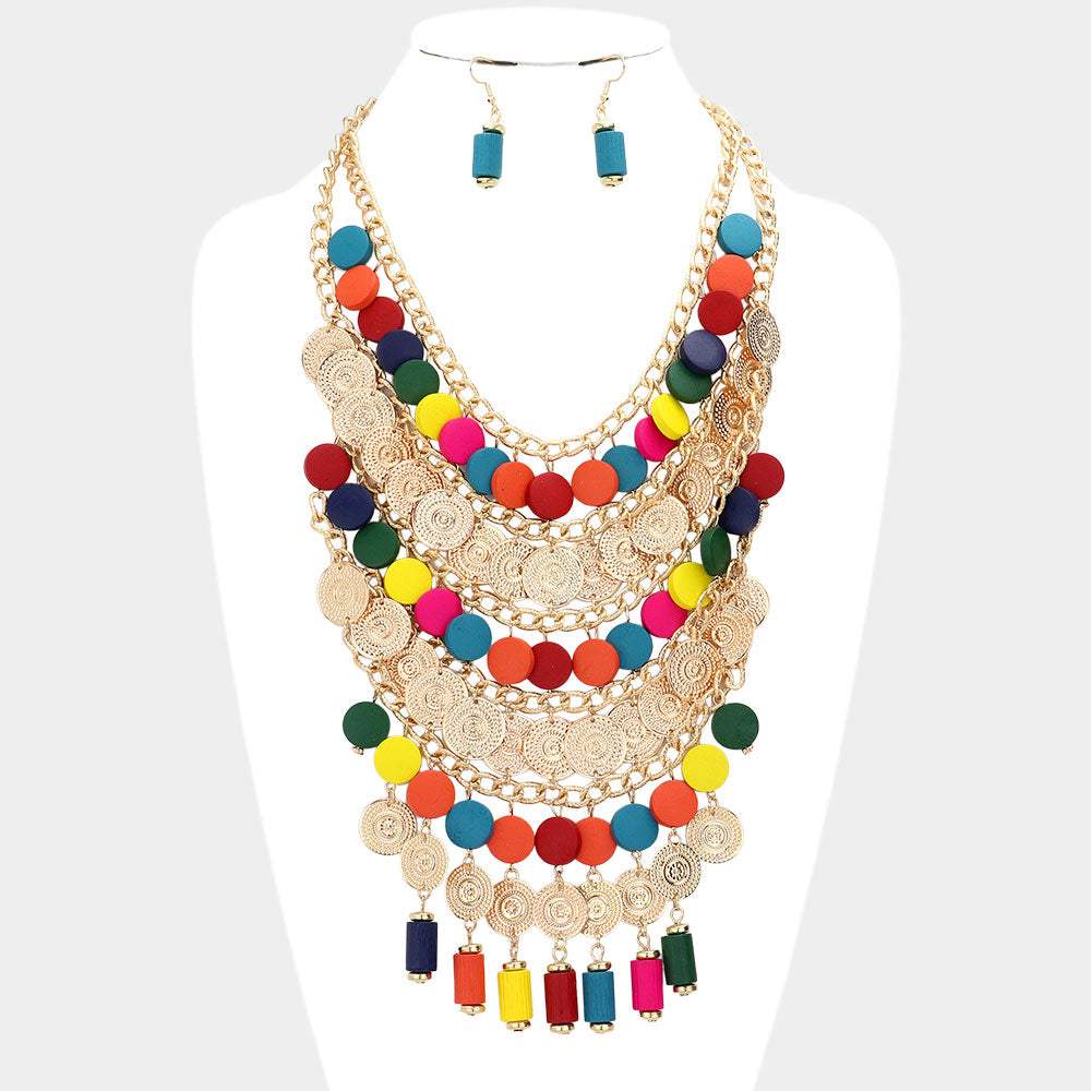 Rainbow Round Wood Metal Disc Cluster Statement Necklace - Madeline Love - Flyclothing LLC