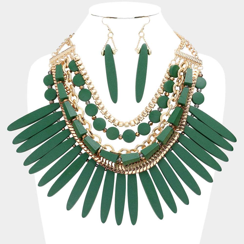 Wooden Spike Accented Metal Chain Layered Bib Necklace - Madeline Love - Flyclothing LLC