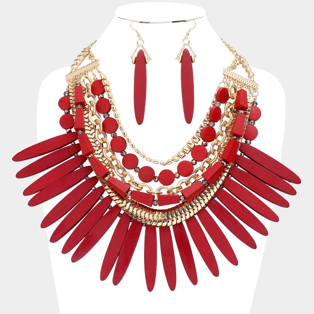 Wooden Spike Accented Metal Chain Layered Bib Necklace - Madeline Love - Flyclothing LLC