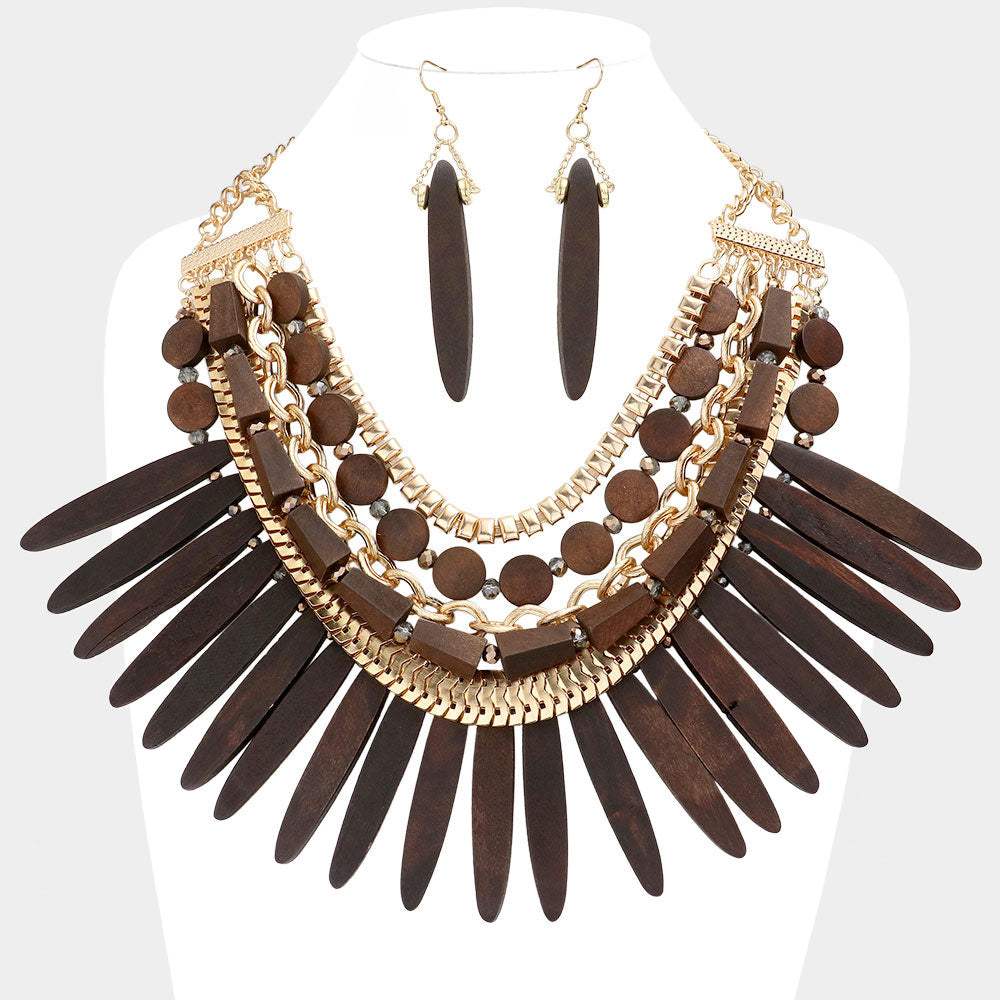 Wooden Spike Accented Metal Chain Layered Bib Necklace - Madeline Love - Flyclothing LLC