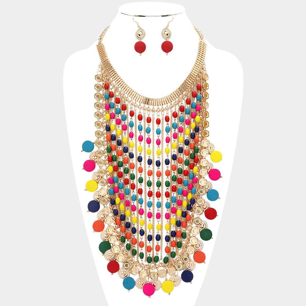 Rainbow Wood Link Statement Bib Necklace - Madeline Love - Flyclothing LLC