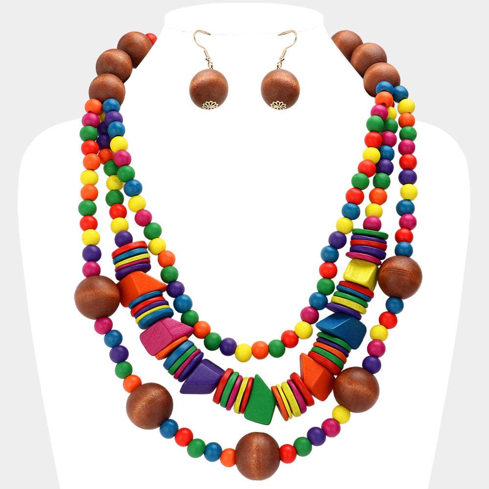 Wood Ball Beaded Triple Layered Statement Necklace - Madeline Love - Flyclothing LLC