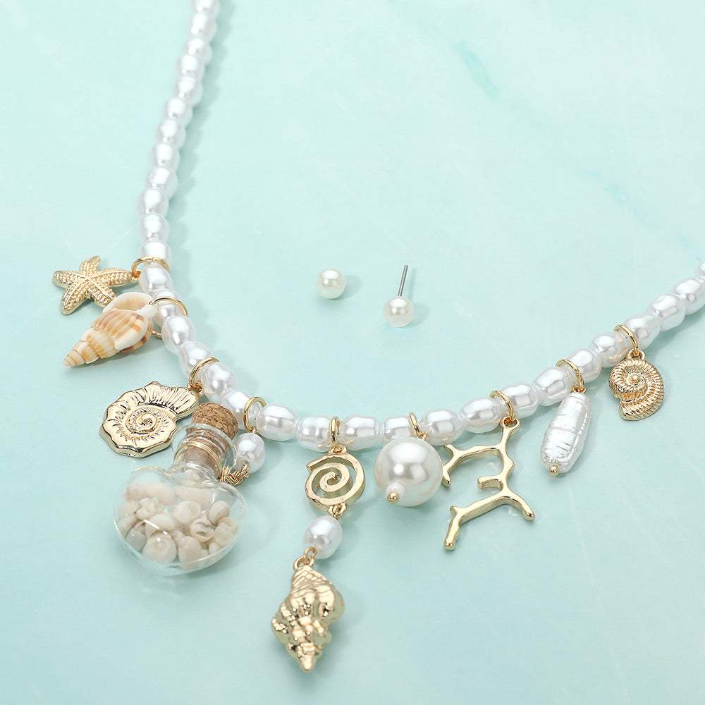 Coastal Starfish Shell Charm Station Beaded Pearl Necklace - Madeline Love - Flyclothing LLC