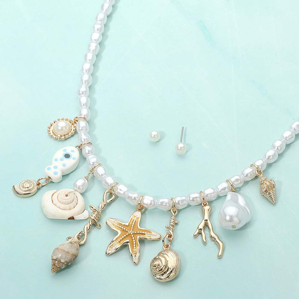 Coastal Starfish Shell Fish Charm Station Beaded Pearl Necklace - Madeline Love - Flyclothing LLC