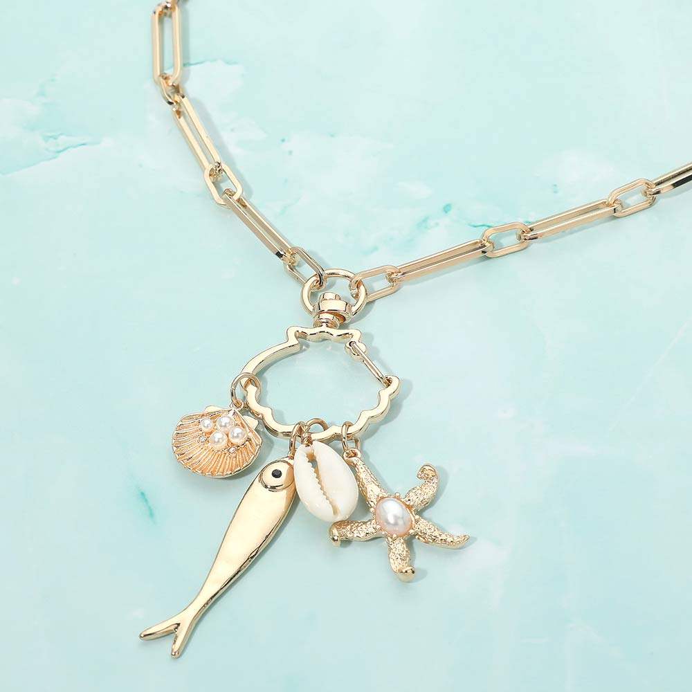 Pearl Accent Starfish Shell Fish Charm Link Necklace - Madeline Love - Flyclothing LLC