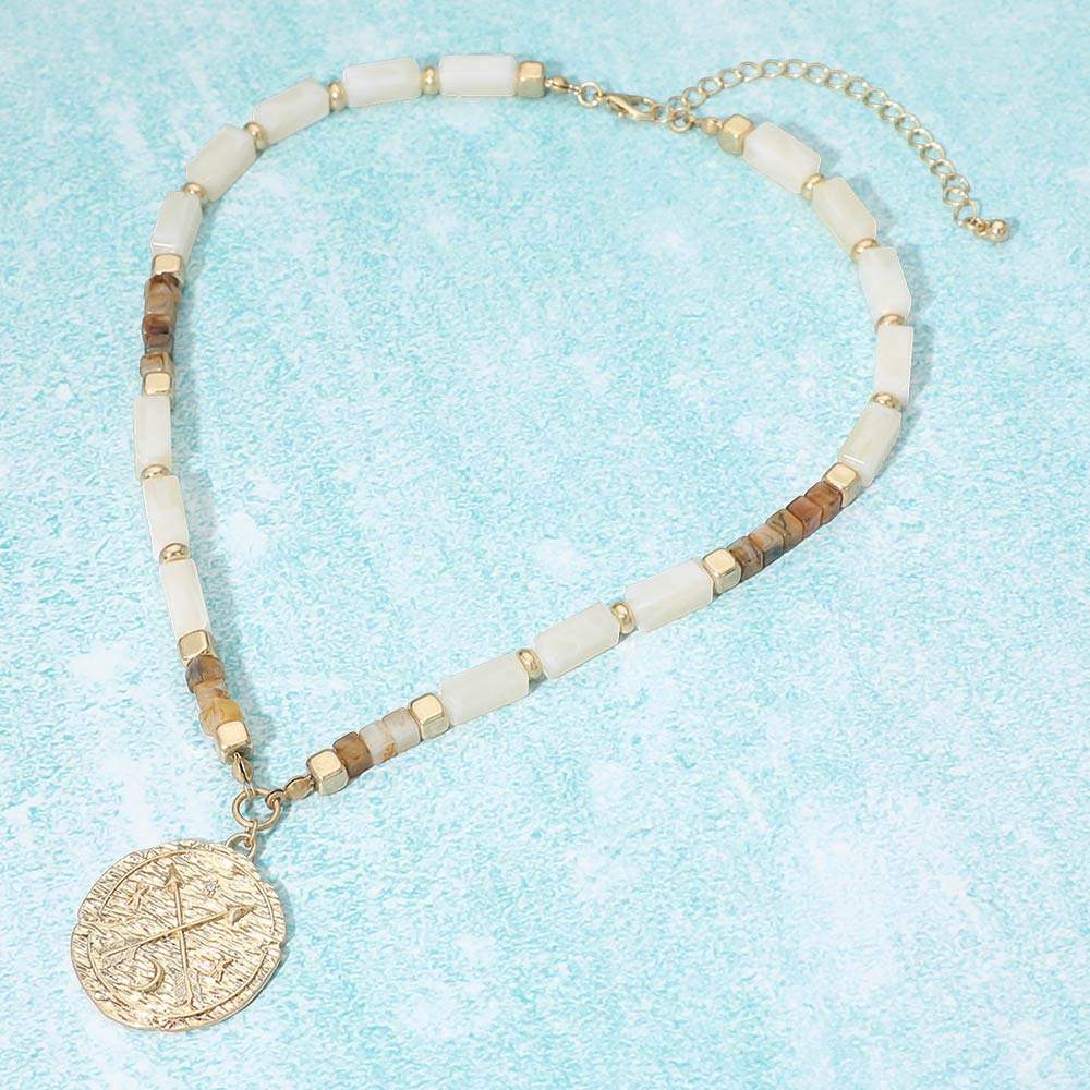 Textured Zodiac Coin Pendant Beaded Necklace - Madeline Love - Flyclothing LLC