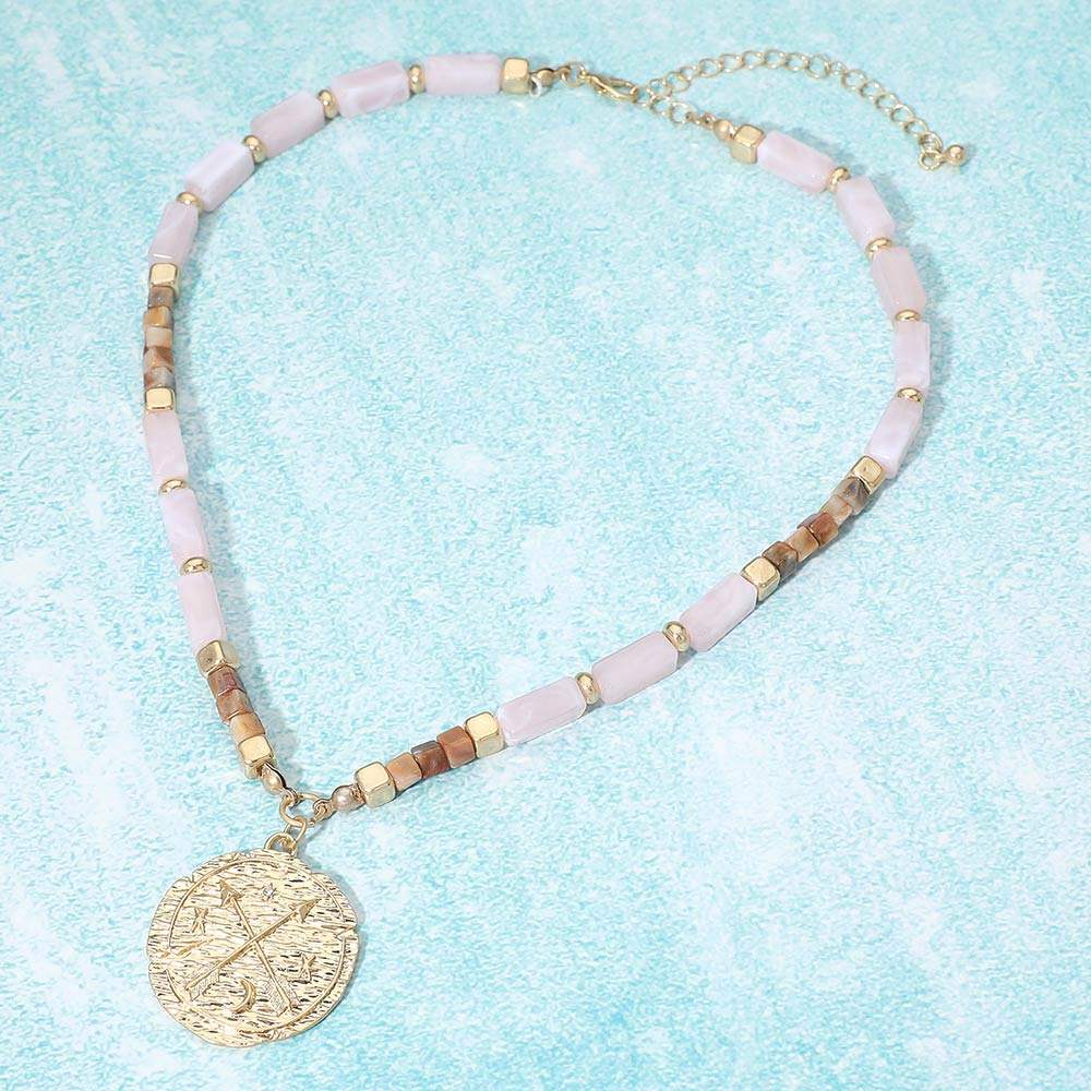 Textured Zodiac Coin Pendant Beaded Necklace - Madeline Love - Flyclothing LLC