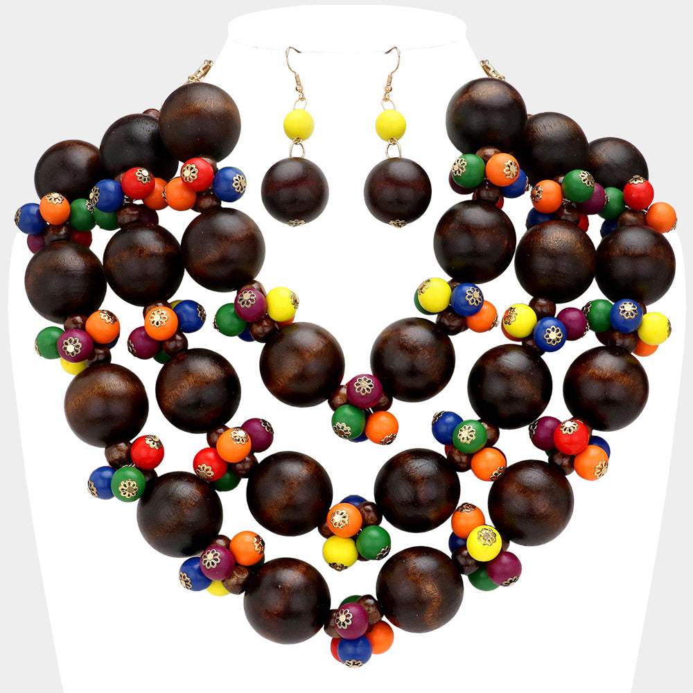 Wood Ball Beaded Triple Layered Statement Necklace - Madeline Love - Flyclothing LLC