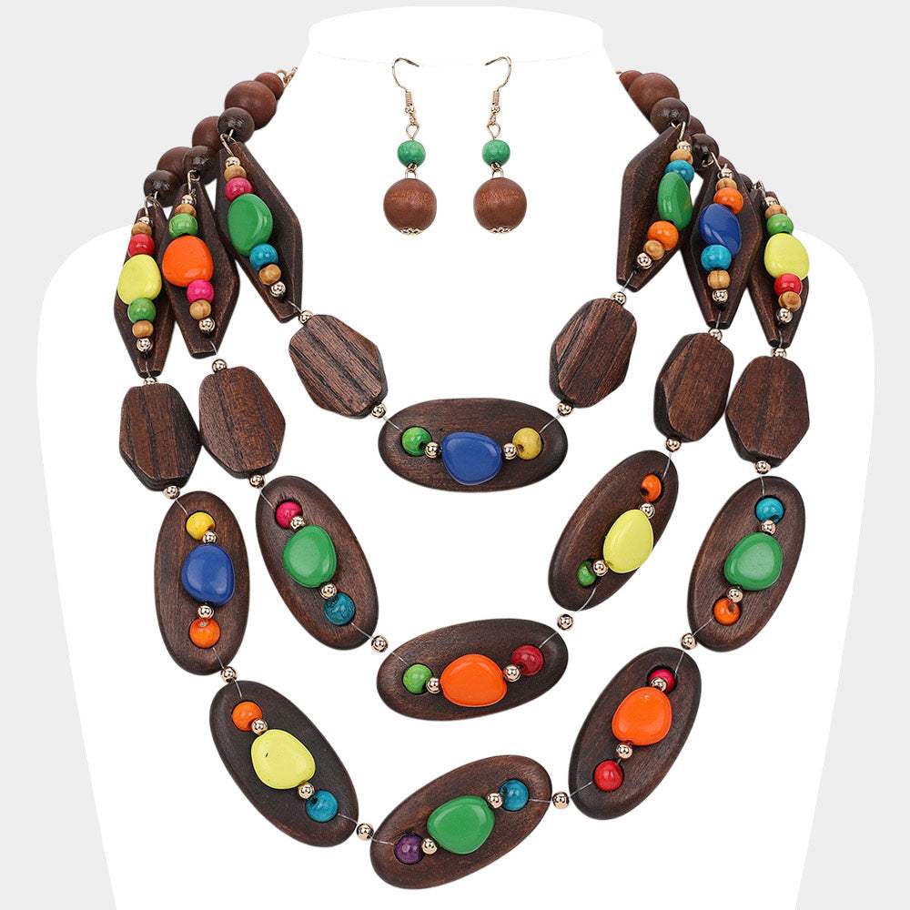 Triple Layered Pebble Embellished Wooden Plate Bib Statement Necklace - Madeline Love - Flyclothing LLC