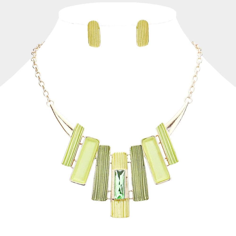 Stone Embellished Colored Metal Rectangle Link Necklace - Madeline Love - Flyclothing LLC