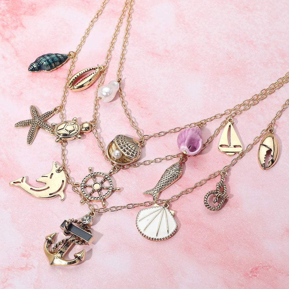 Anchor Sea Shell Pearl Dolphin Fish Rope Sea Turtle Charm Embellished Triple Layered Necklace - Madeline Love - Flyclothing LLC