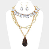 2PCS - Natural Stone Pendant Pointed Teardrop Stone Link Multi Chain Layered Statement Necklace - Madeline Love - Flyclothing LLC