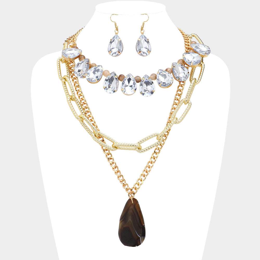 2PCS - Natural Stone Pendant Pointed Teardrop Stone Link Multi Chain Layered Statement Necklace - Madeline Love - Flyclothing LLC